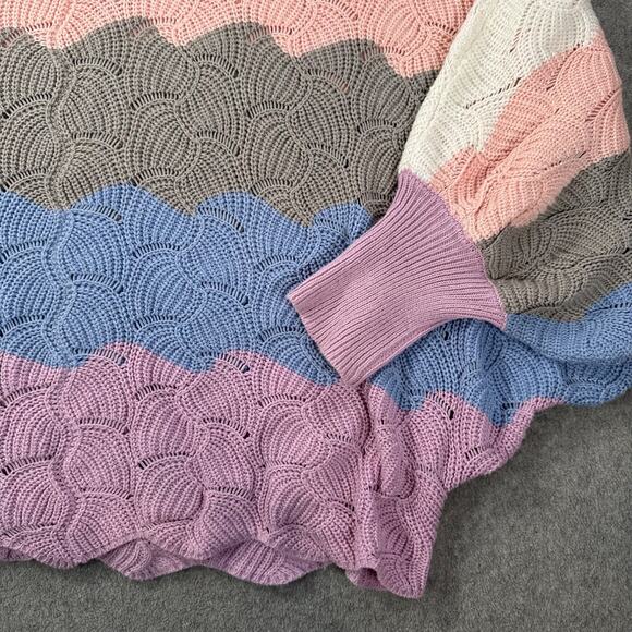 Chicsoul Scallop Edge Colorblock Open Knit Sweater Women's 1X Wide Neck Slouchy - Picture 3 of 9